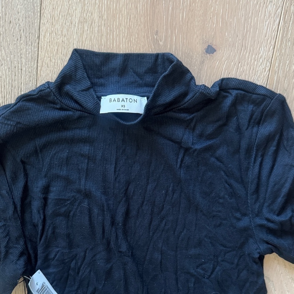 Babaton Black Ribbed Mandarin Collar Tee